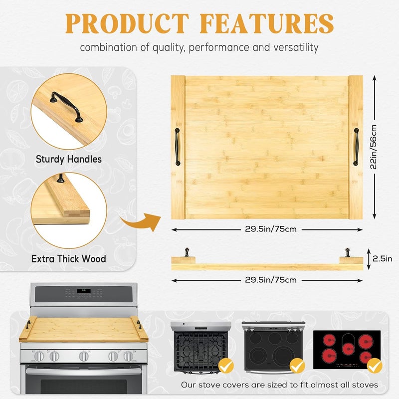 Gashell Noodle Board Wood Stovetop Cover with Handles for Electric/Gas Stove Top(Bamboo) - Image 4